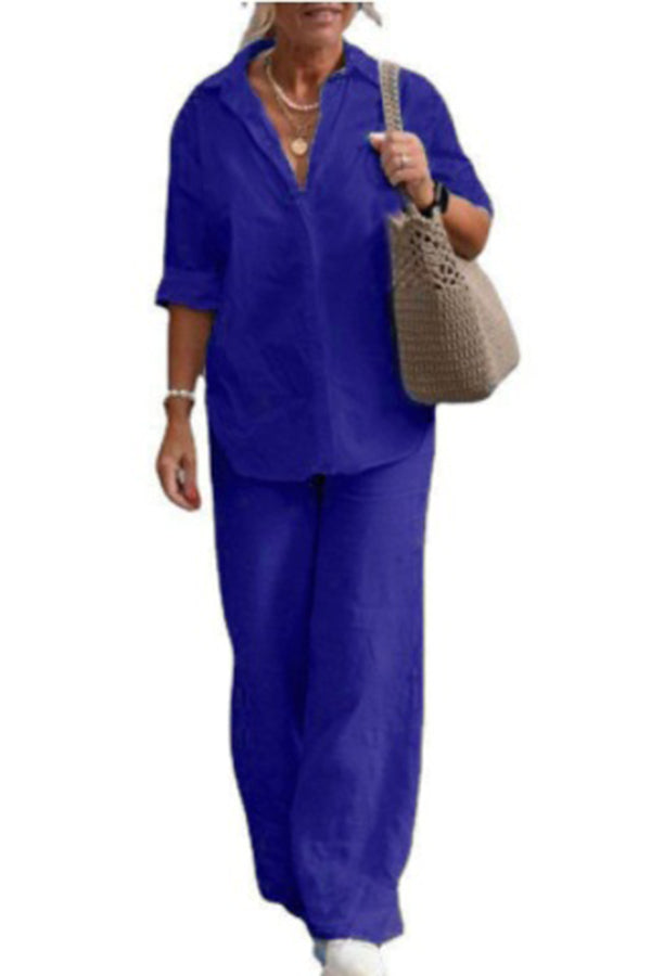 Knit Long Sleeve Shirt & Wide-Leg Pants Set – Casual Loose Fit