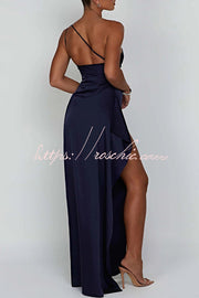 Satin One Shoulder Maxi Dress with Thigh-High Slit
