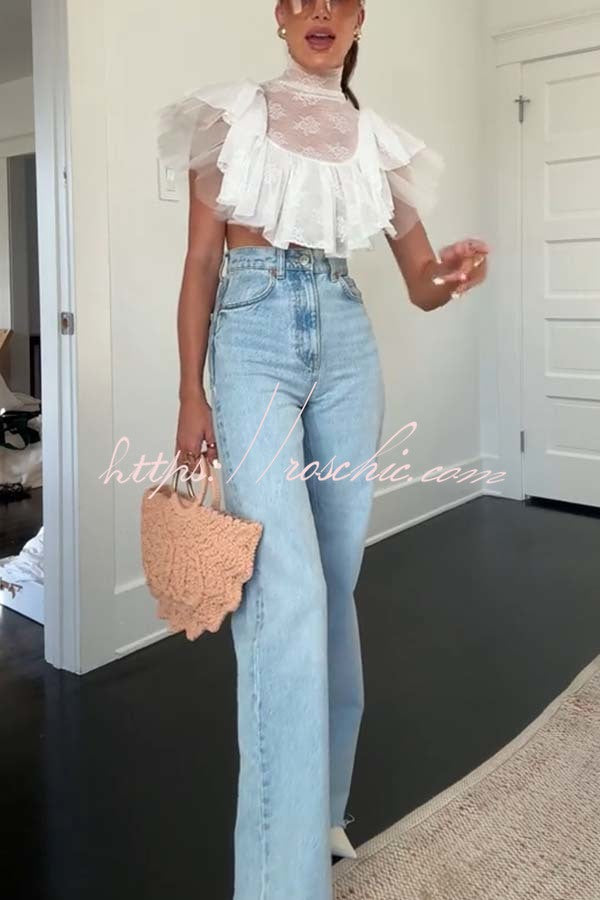 Lace Tulle High Neck Ruffle Cropped Top | Party & Vacation