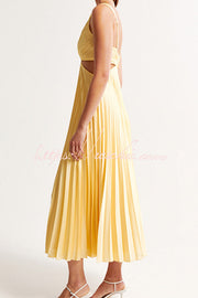 Satin Pleated Cutout Waist Sleeveless Midi Dress
