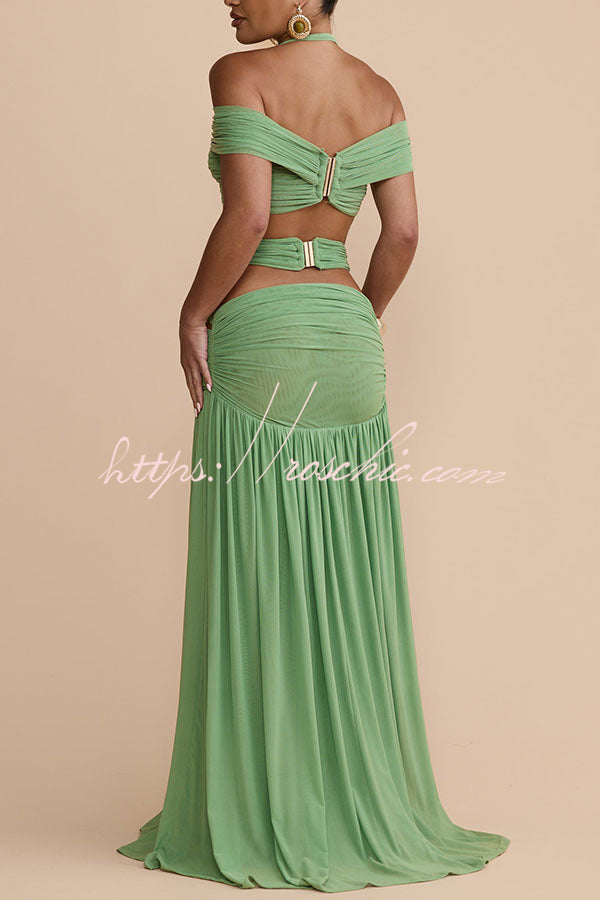 Stretch Mesh Sweetheart Crop Halter Top with Gold Detail