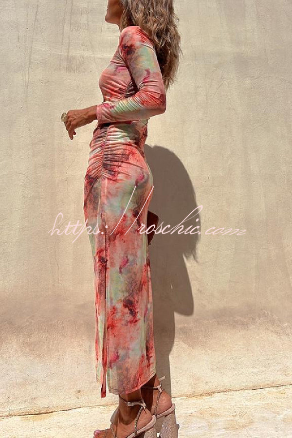 Mesh Overlay Tie Dye Long Sleeve Ruched Midi Dress