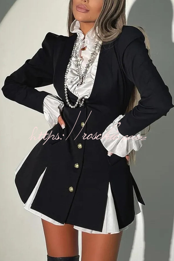 Ruffled Patchwork Blazer Mini Dress – Long Sleeve Shirt Collar