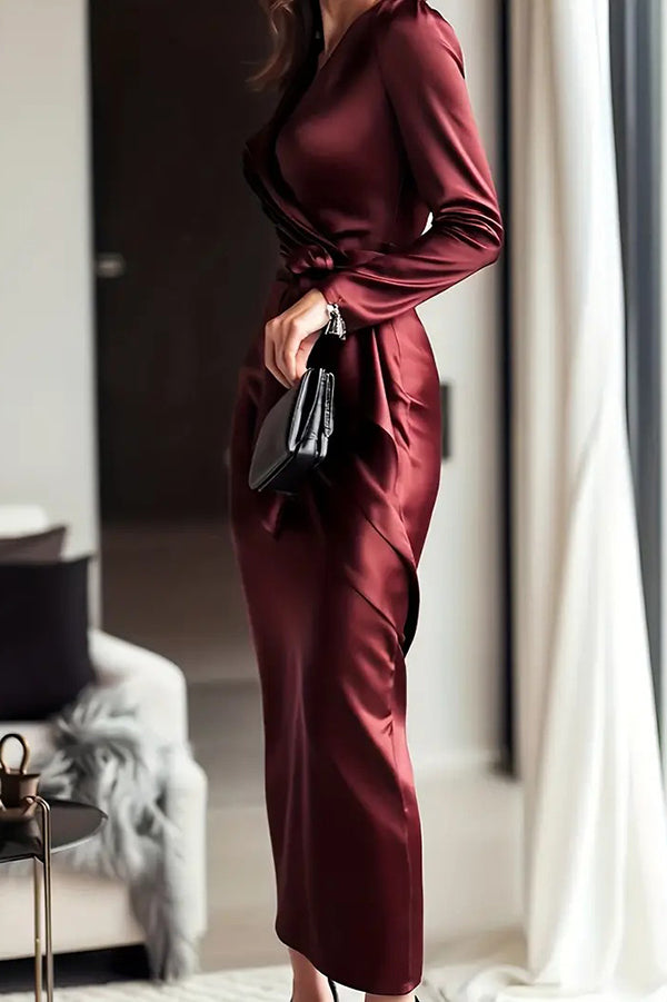 Satin V-Neck Long Sleeve Midi Dress with Waist Tie