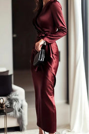 Satin V-Neck Long Sleeve Midi Dress with Waist Tie