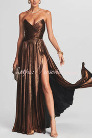 Metallic Pleated Off-Shoulder Maxi Dress with Thigh-High Slit