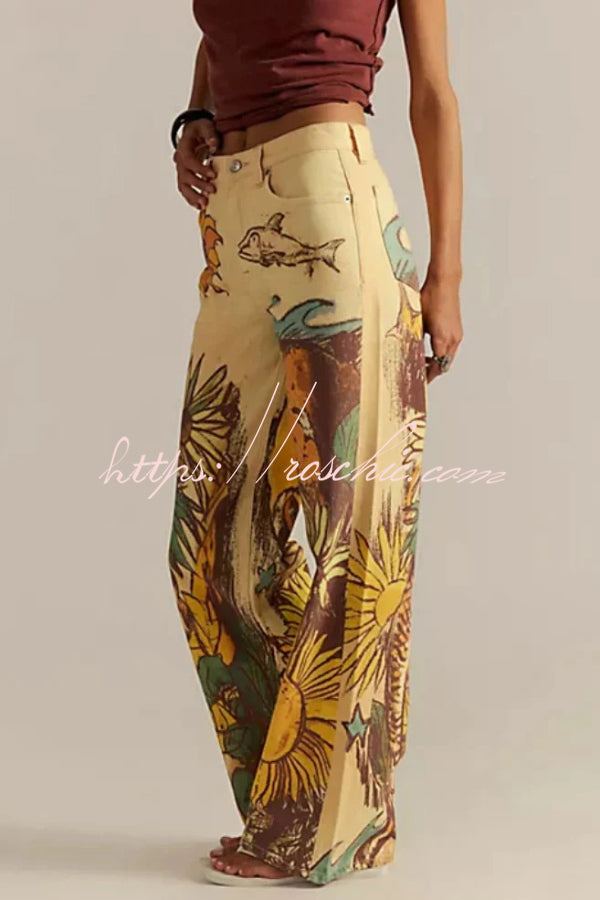 Doodle Print Wide Leg Jeans – Mid Rise, Loose Fit