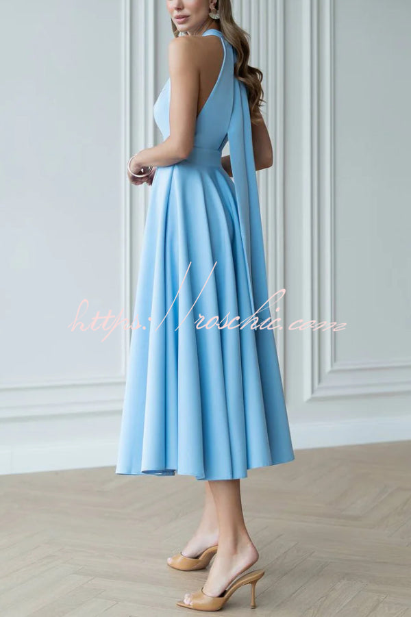 Halter Neck Bow Tie Midi Dress – Waist-Cinching Style