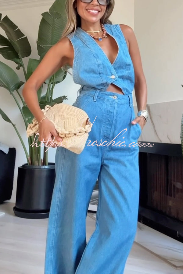Denim Jumpsuit with Vest Bodice, Crisscross Back & Pockets