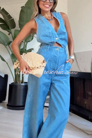 Denim Jumpsuit with Vest Bodice, Crisscross Back & Pockets