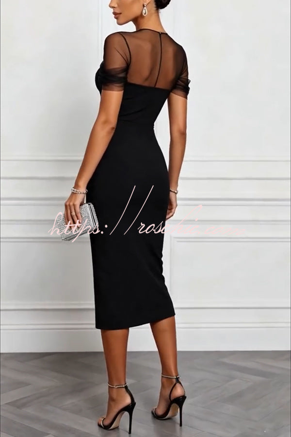Mesh Sleeve Patchwork Sweetheart Neck Stretch Midi Dress