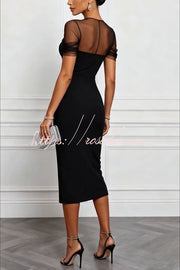 Mesh Sleeve Patchwork Sweetheart Neck Stretch Midi Dress