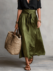 Black Blouse & Olive Satin Midi Skirt Set | Boho Style