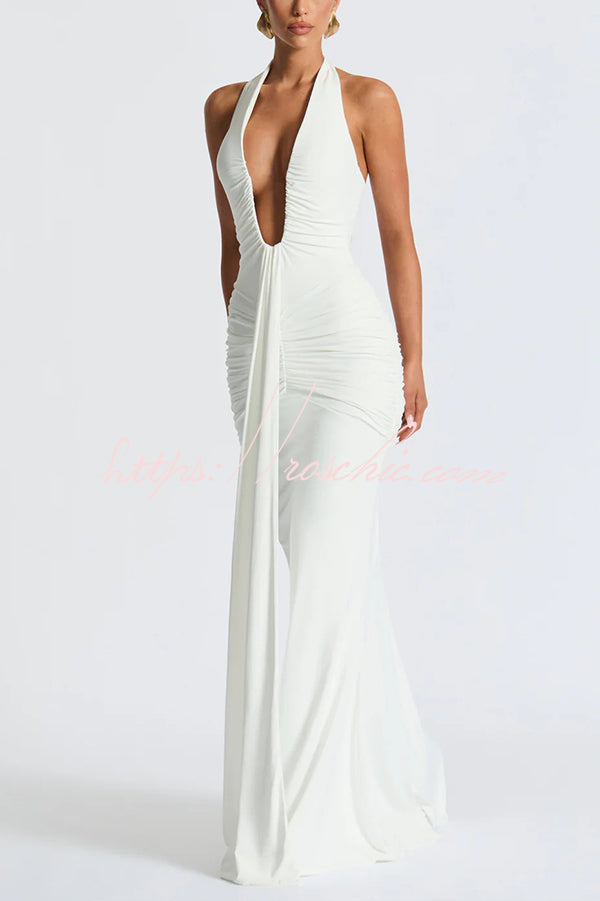 Halter V-Neck Open Back Maxi Dress – Solid Color Slim Fit