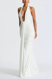 Halter V-Neck Open Back Maxi Dress – Solid Color Slim Fit