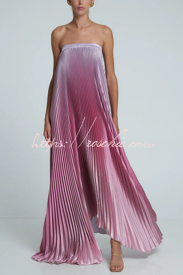 Satin Pleated Strapless Maxi Dress – A-Line Gown