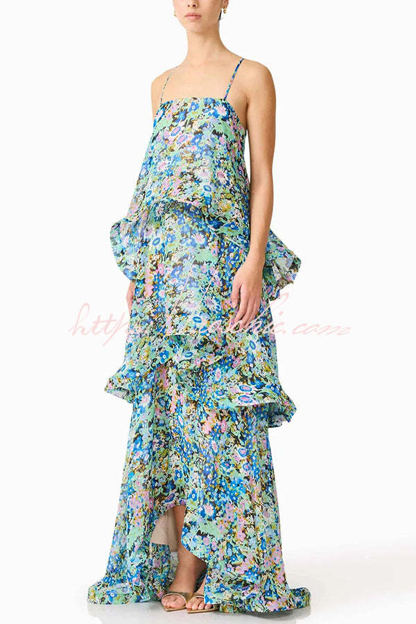 Floral Print Georgette Tiered Maxi Dress – Square Neck