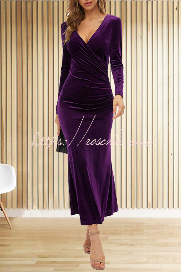Velvet Long Sleeve V-Neck Fishtail Maxi Dress – Slim Fit