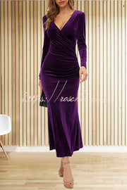 Velvet Long Sleeve V-Neck Fishtail Maxi Dress – Slim Fit
