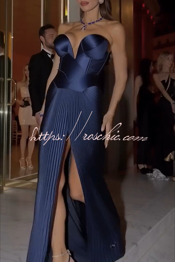 Satin Off Shoulder Plissé Maxi Gown with Thigh Slit