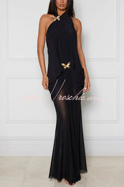 One Shoulder Mesh Maxi Dress with Butterfly Metal Clips