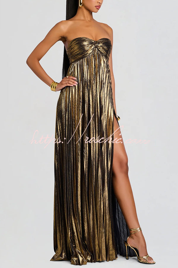 Metallic Pleated Off-Shoulder High Slit Maxi Dress