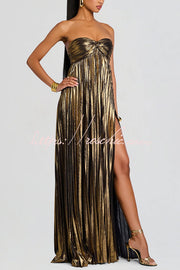 Metallic Pleated Off-Shoulder High Slit Maxi Dress