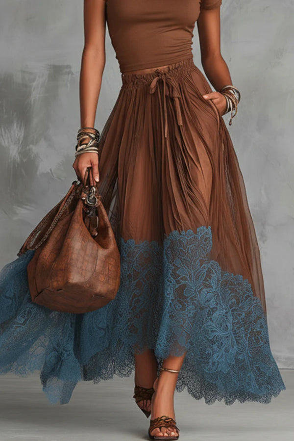 Round Neck Short Sleeve Top & Lace Hem Maxi Skirt Set