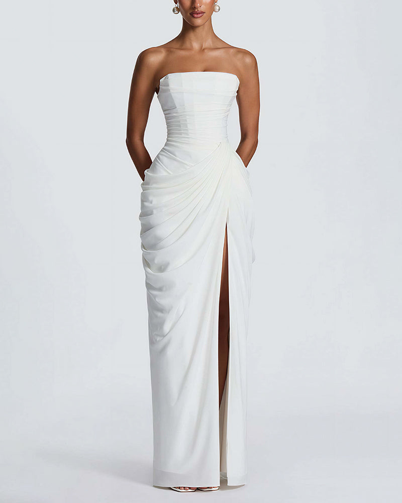 Strapless Ruched High Slit Corset Maxi Dress