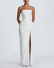 Strapless Ruched High Slit Corset Maxi Dress