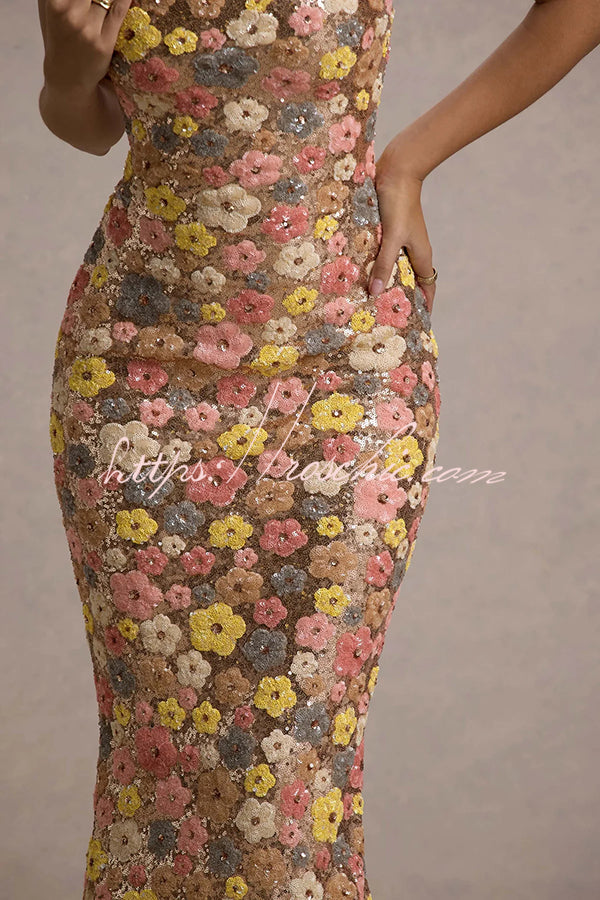 Floral Sequin Maxi Dress – 80s Square Neck Slip Style