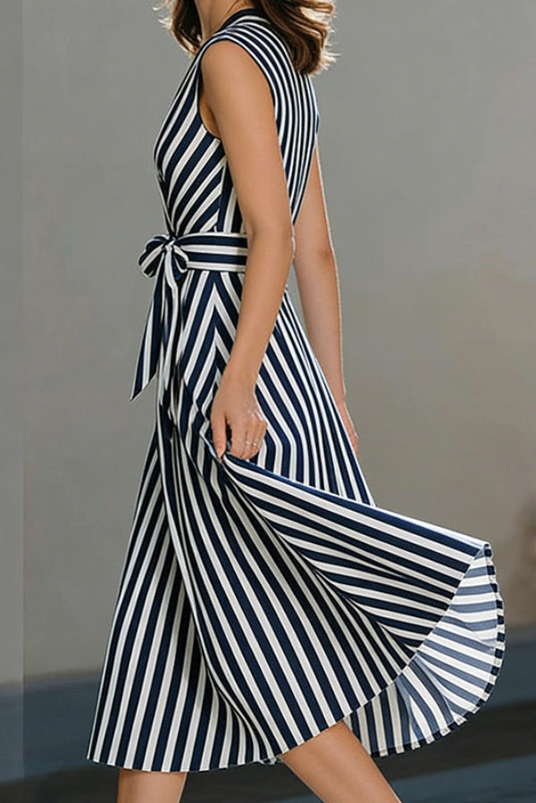 Striped Sleeveless V-Neck Belted Midi Dress
