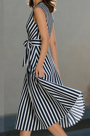 Striped Sleeveless V-Neck Belted Midi Dress