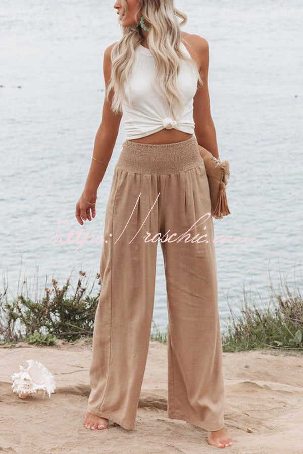 Smocked Pocketed Pants – Loose Fit Slub Cotton Vacation Style