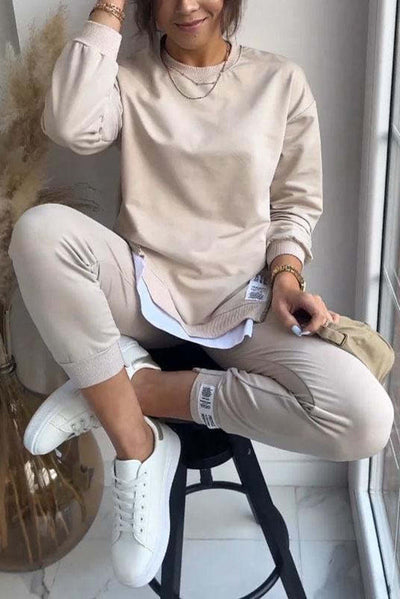 Ensfarvet sweatshirt og buksesæt til kvinder – Loose Fit