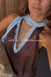 Satin Lace Trim Tank Top | Contrast Color Sleeveless Cami
