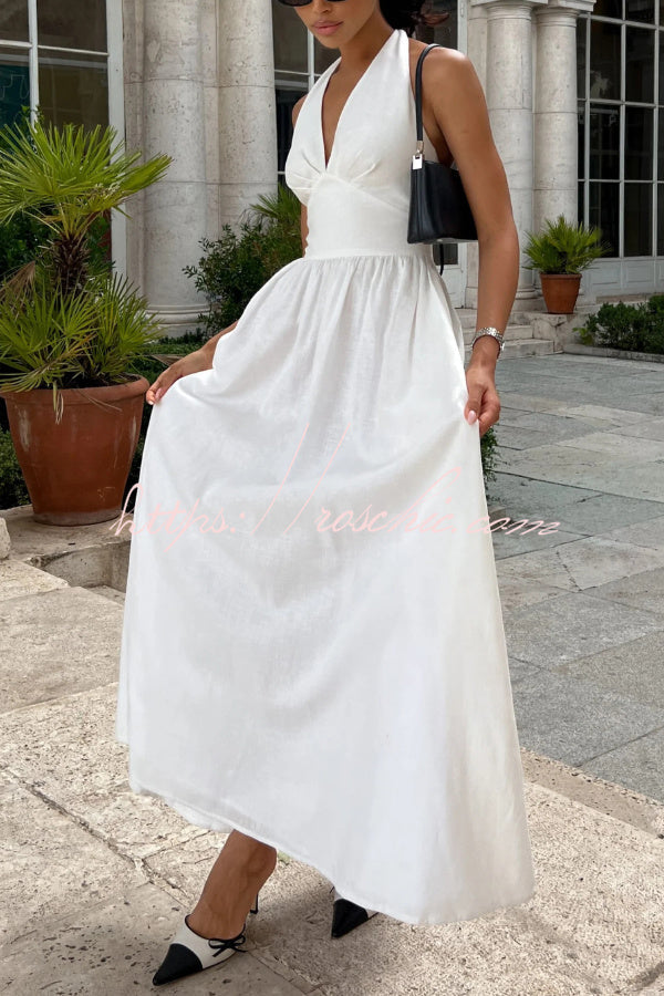 Linen Blend Halter Neck Backless Maxi Dress