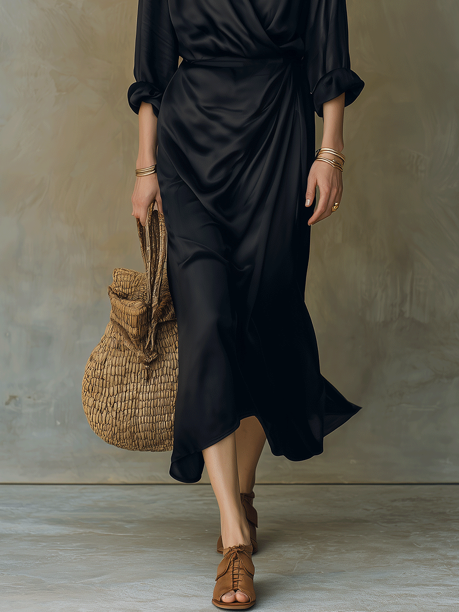 Black Satin V-Neck Midi Dress for Evening & Special Occasions