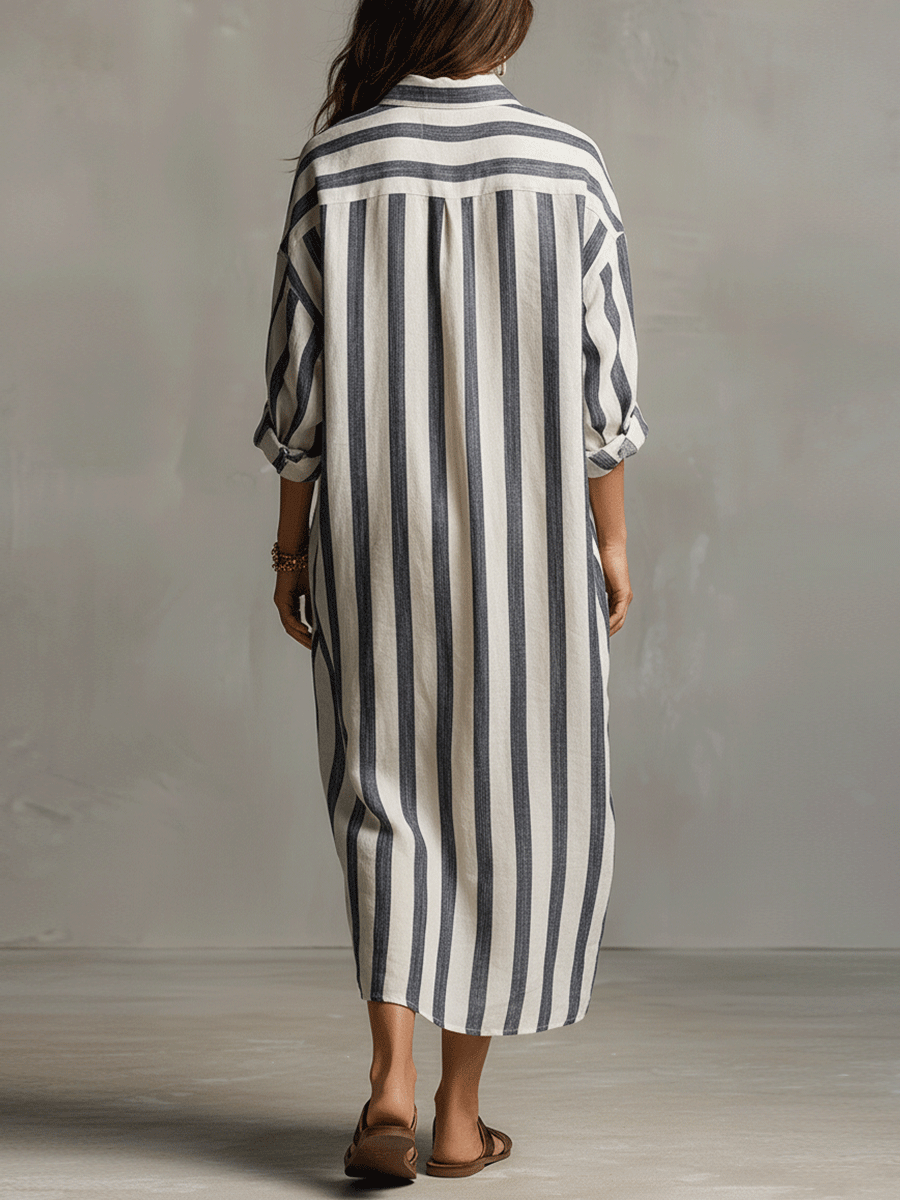 Striped Bohemian Maxi Dress with Button-Down Shirt Front