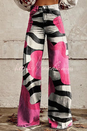 Printed Wide Leg Pants with Button Pocket – Loose Fit