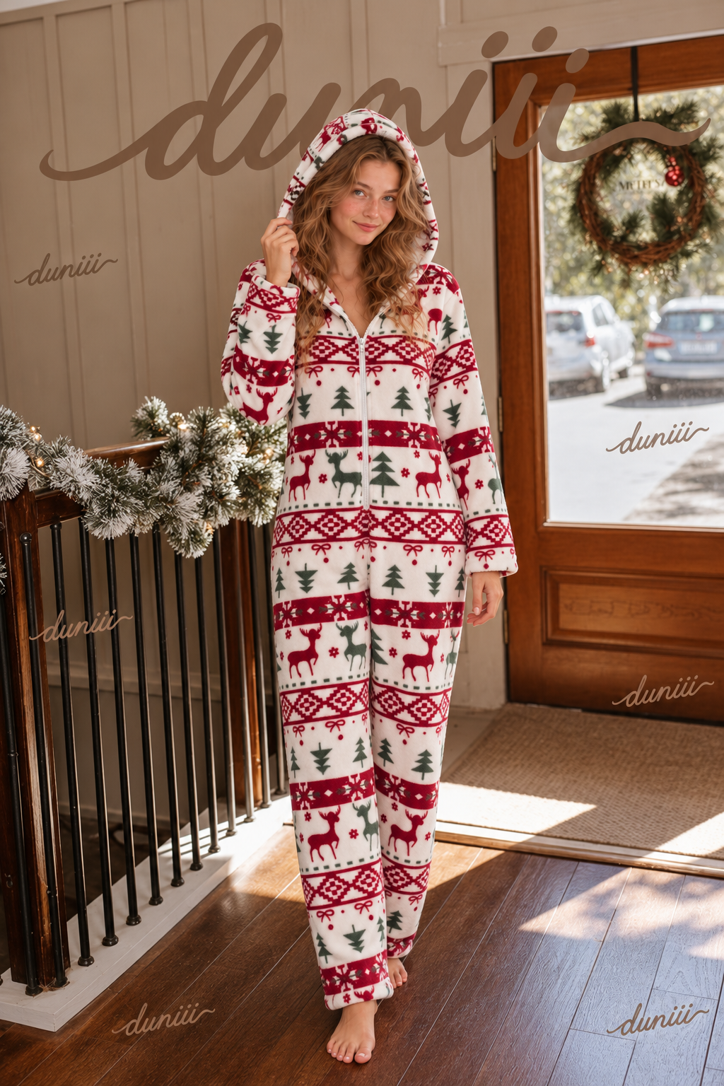 Christmas Reindeer Print Hooded Half-Zip Pajama Jumpsuit
