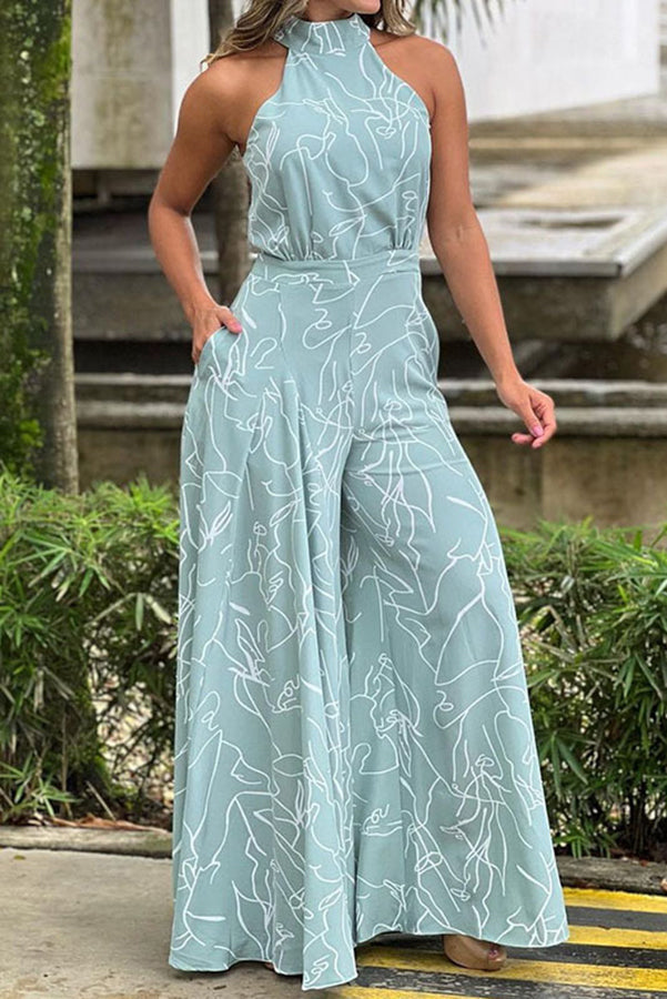 Abstract Print Halter Jumpsuit – Loose Fit Ankle Length