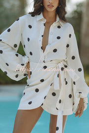Linen Blend Polka Dot Balloon Sleeve Blouse & Mini Skirt Set