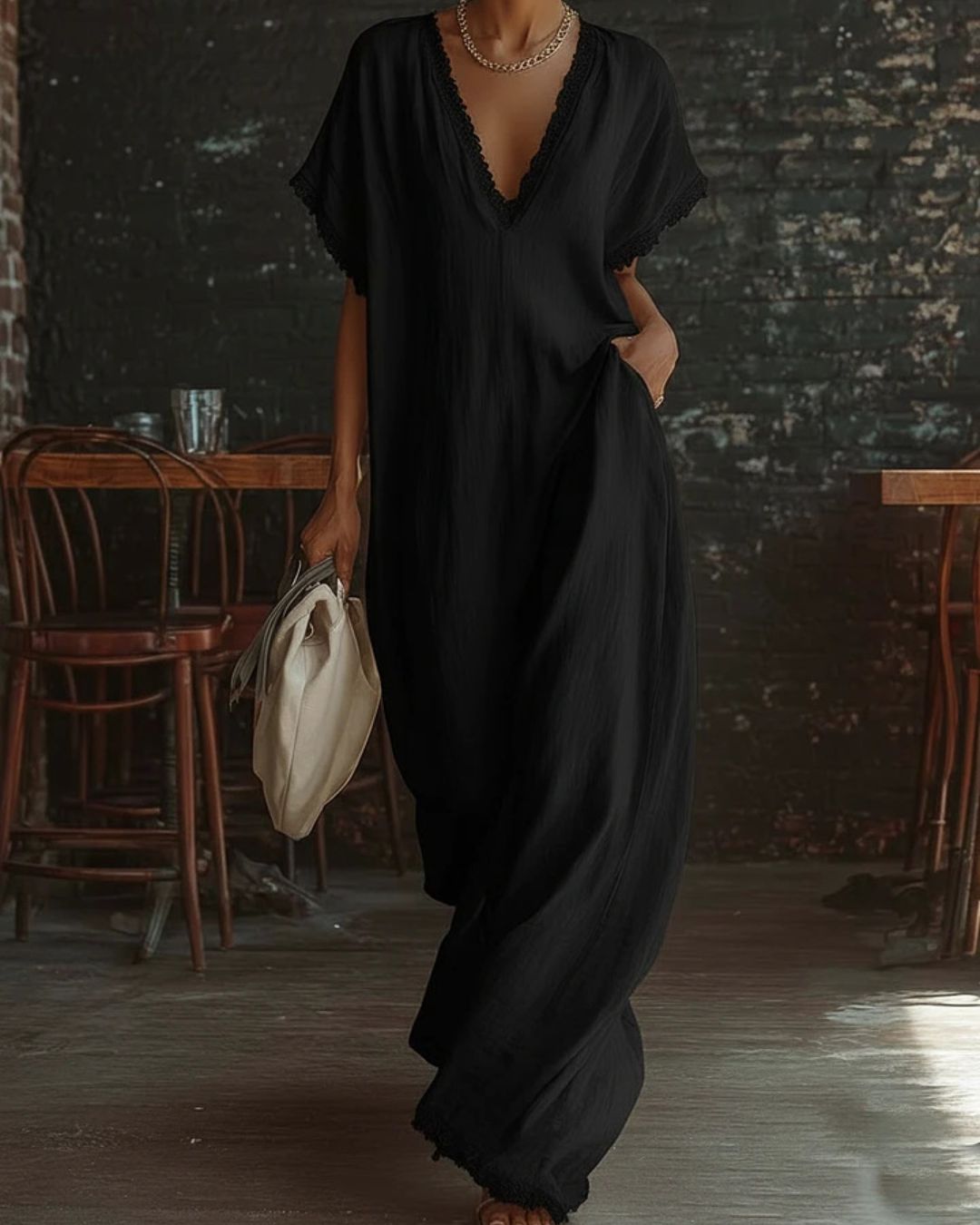 Lace-Trim Linen Cotton Maxi Dress