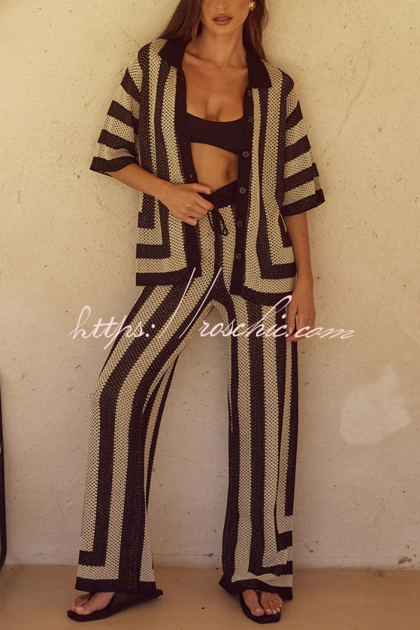 Knit Collared Short-Sleeve Top & Elastic Waist Pants Set