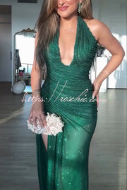 Sequin Pleated Halter Maxi Dress with Slit & Drape