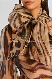 Semi-Sheer Silk Animal Print Bow Neck Balloon Sleeve Blouse