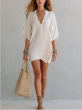 Ivory Cotton Linen Loose Mini Dress | Short Sleeve