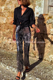 Sequin Flare Pants High Rise Elastic Waist Party