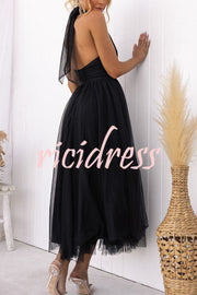 Tulle Halter Maxi Dress with Gathered Detail